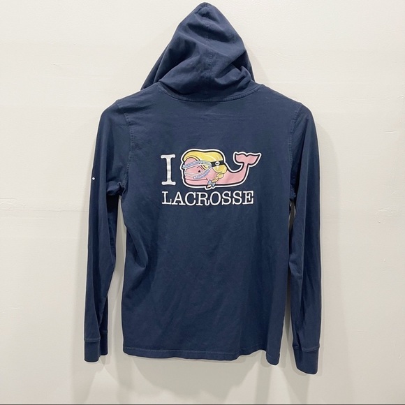 Vineyard Vines I Whale Lacrosse Navy Hoodie Tee Long Sleeve Navy Drawstring S - Picture 2 of 8